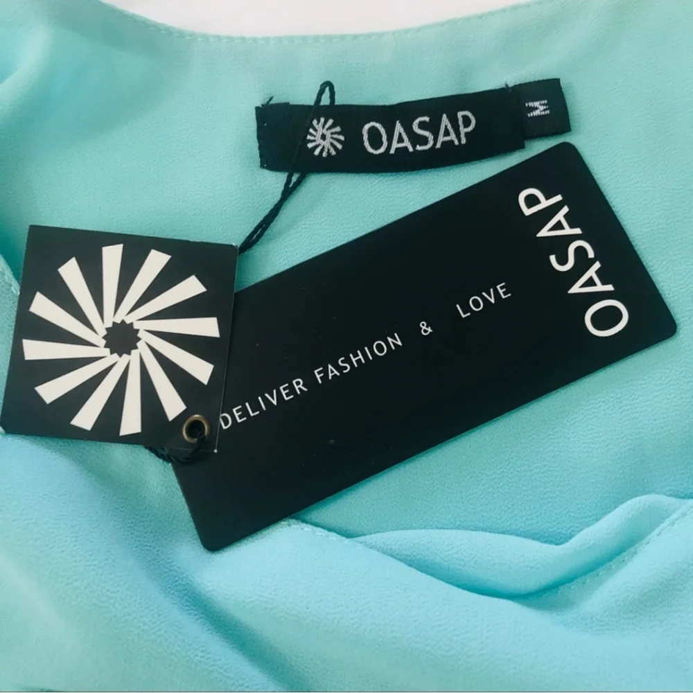 OASAP Flowy Ruffle Waterfall Dress Drawstring Waist Aqua Blue NWT Size M - Picture 3 of 11